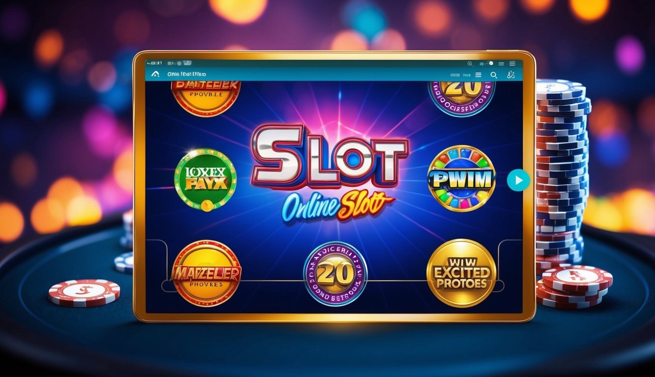 Antarmuka permainan slot online yang hidup dengan logo penyedia terkemuka dan grafik permainan yang menarik