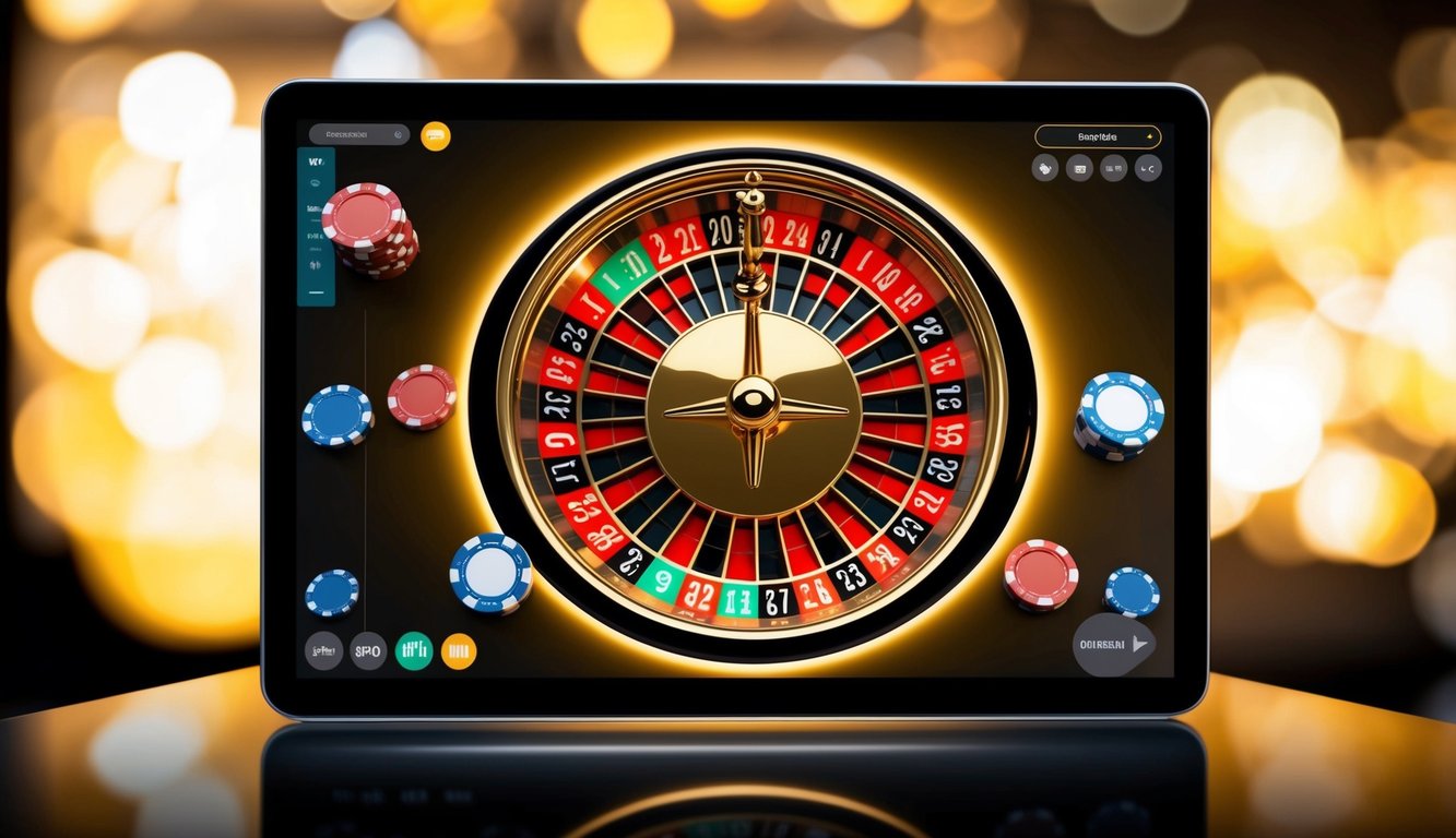 Roda roulette digital berputar di layar yang bercahaya, dikelilingi oleh chip taruhan virtual dan antarmuka yang ramping