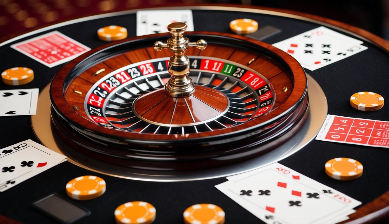 Roda roulette berputar dengan taruhan ditempatkan di sekitar meja