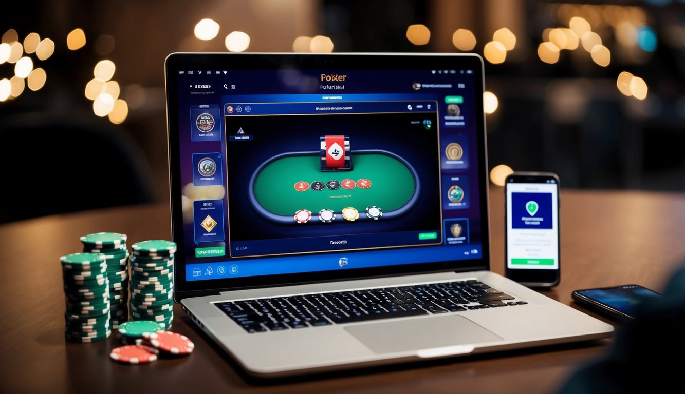 Sebuah laptop dengan permainan poker di layar, dikelilingi oleh tumpukan chip poker dan sebuah ponsel dengan notifikasi deposit pulsa