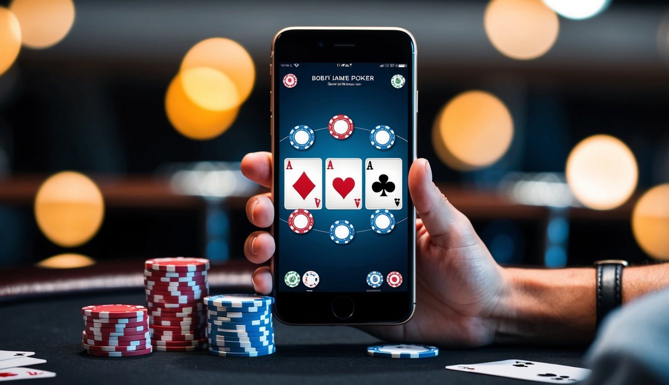 Sebuah smartphone yang menampilkan aplikasi permainan poker dengan chip dan kartu di atas meja