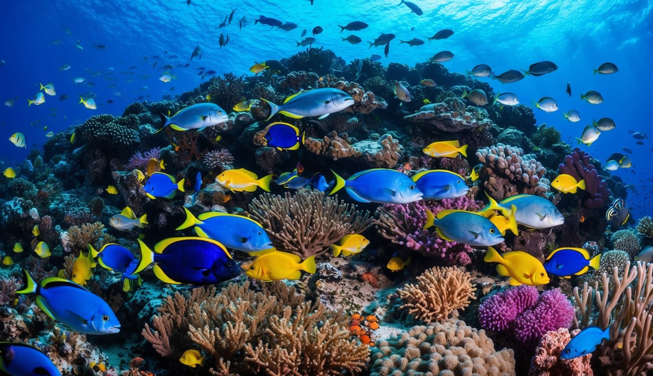 Terumbu karang bawah air yang berwarna-warni dipenuhi dengan berbagai spesies ikan, dengan kehidupan laut yang beragam dan cerah