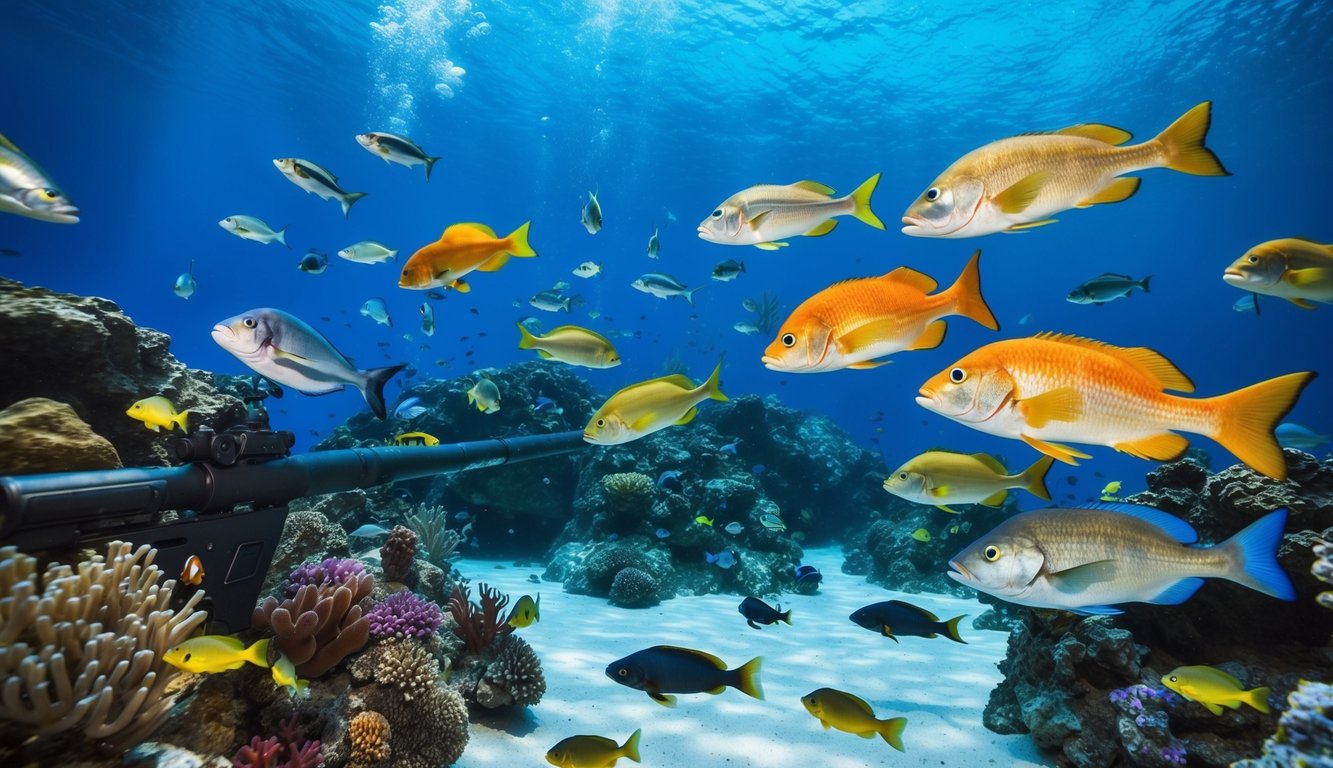 Sebuah dunia bawah laut yang penuh warna dengan berbagai makhluk akuatik yang berenang di sekitarnya, sementara sekelompok ikan menjadi sasaran dalam permainan tembak-menembak.