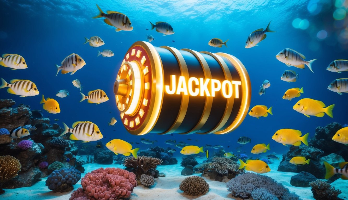 Sebuah dunia bawah laut yang berwarna-warni dengan berbagai ikan yang berenang di sekitar hadiah jackpot besar yang bersinar