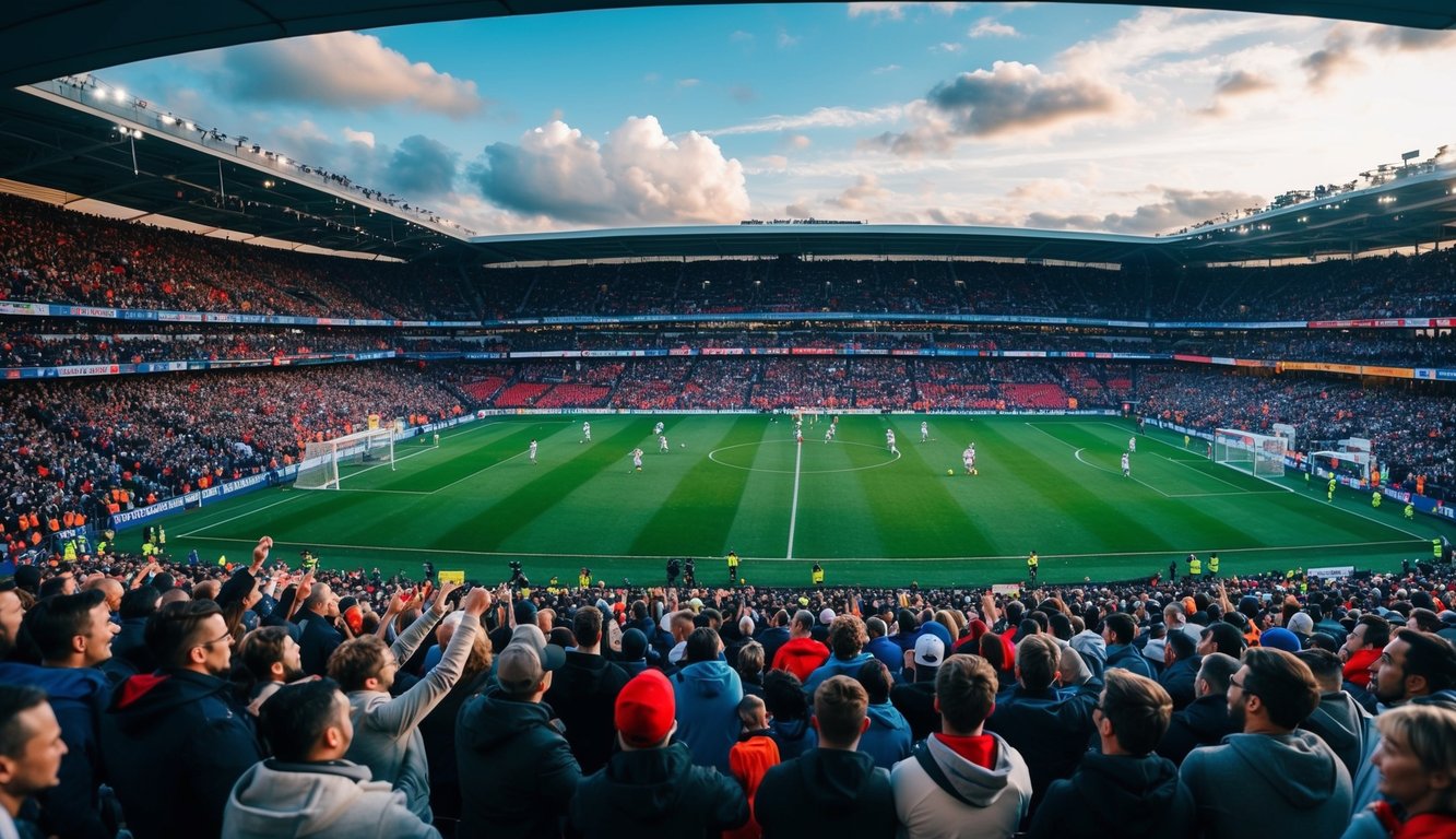 Sebuah stadion yang ramai dengan penggemar yang bersorak, lapangan sepak bola, dan pemain yang sedang beraksi