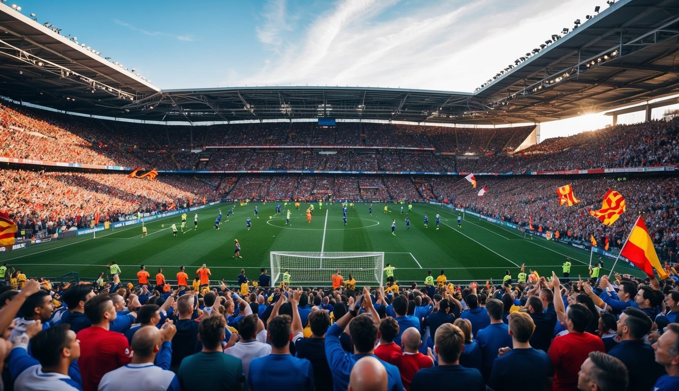 Sebuah stadion yang ramai dipenuhi dengan penggemar yang bersorak, bendera berkibar, dan pemain di lapangan selama pertandingan sepak bola yang penuh tekanan tinggi