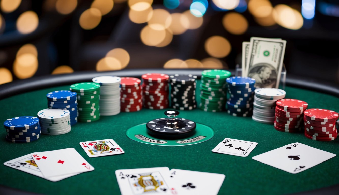 Sekelompok chip poker yang disusun di atas meja felt hijau dengan kartu yang tersebar di sekitarnya, sebuah tombol dealer, dan tumpukan uang tunai di latar belakang