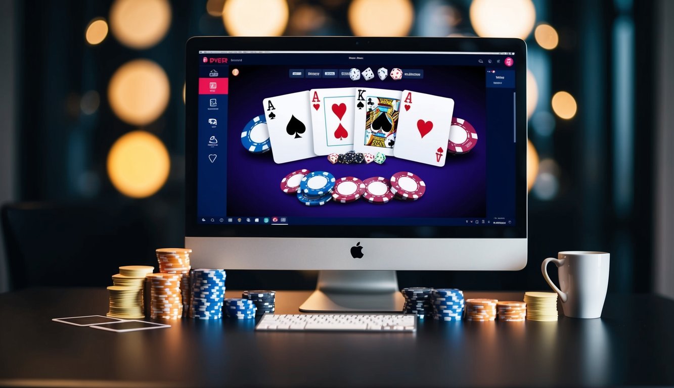 Sekelompok chip poker, kartu, dan layar komputer dengan antarmuka permainan poker yang ditampilkan