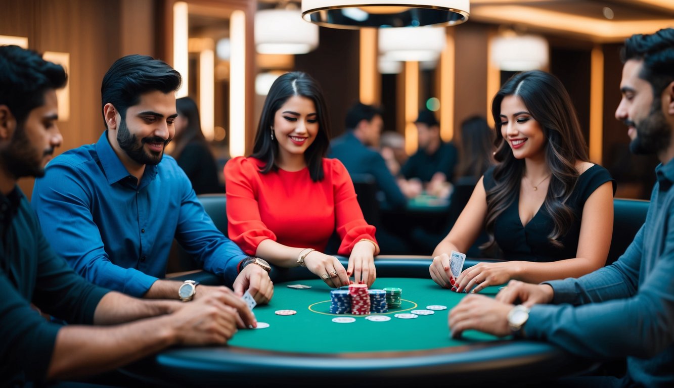 Sekelompok orang bermain poker di meja dengan kartu dan chip