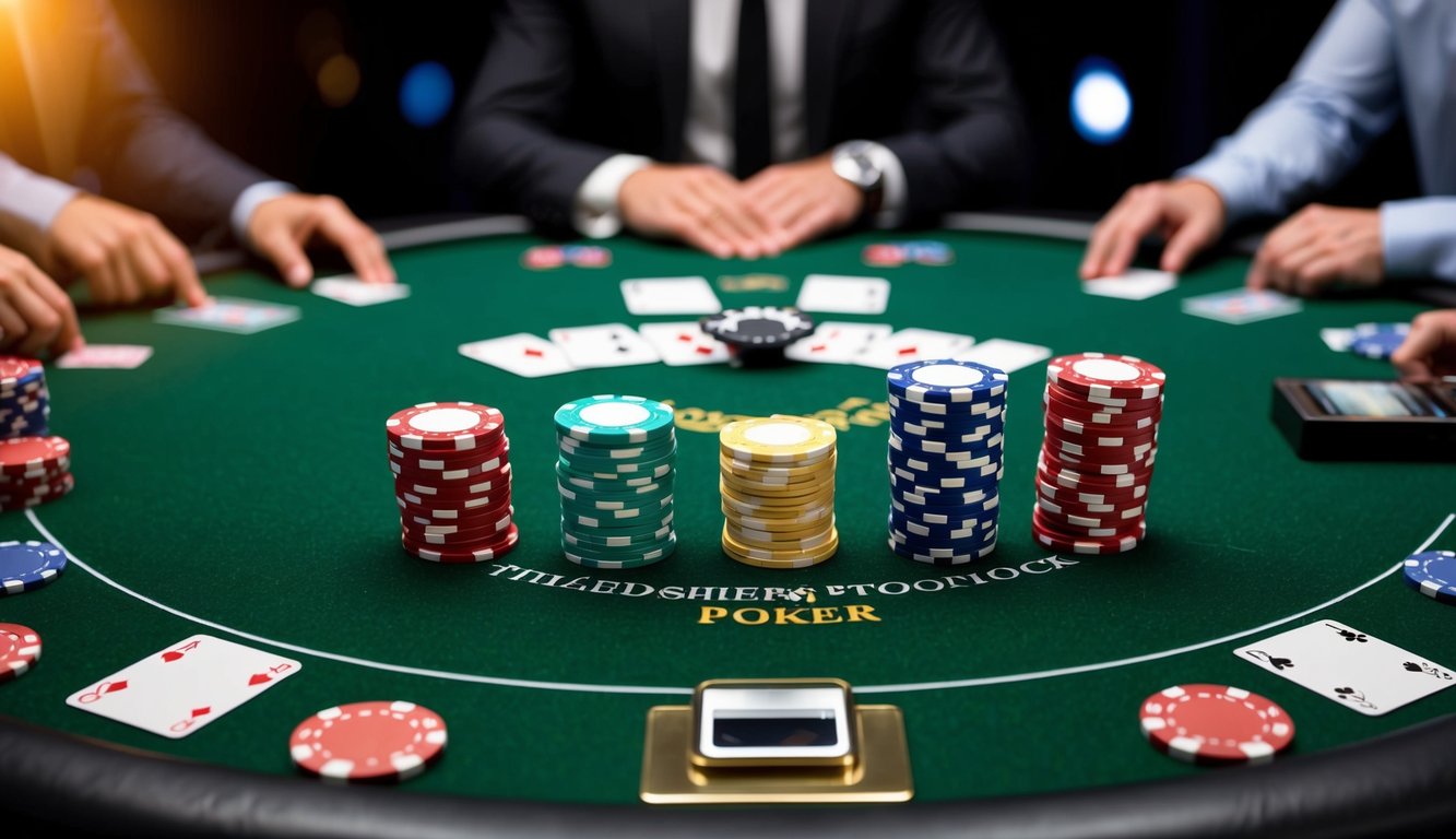 Sekelompok chip poker berwarna-warni yang disusun di atas meja felt hijau, dengan kartu dan tombol dealer, dikelilingi oleh pemain dalam pengaturan online virtual