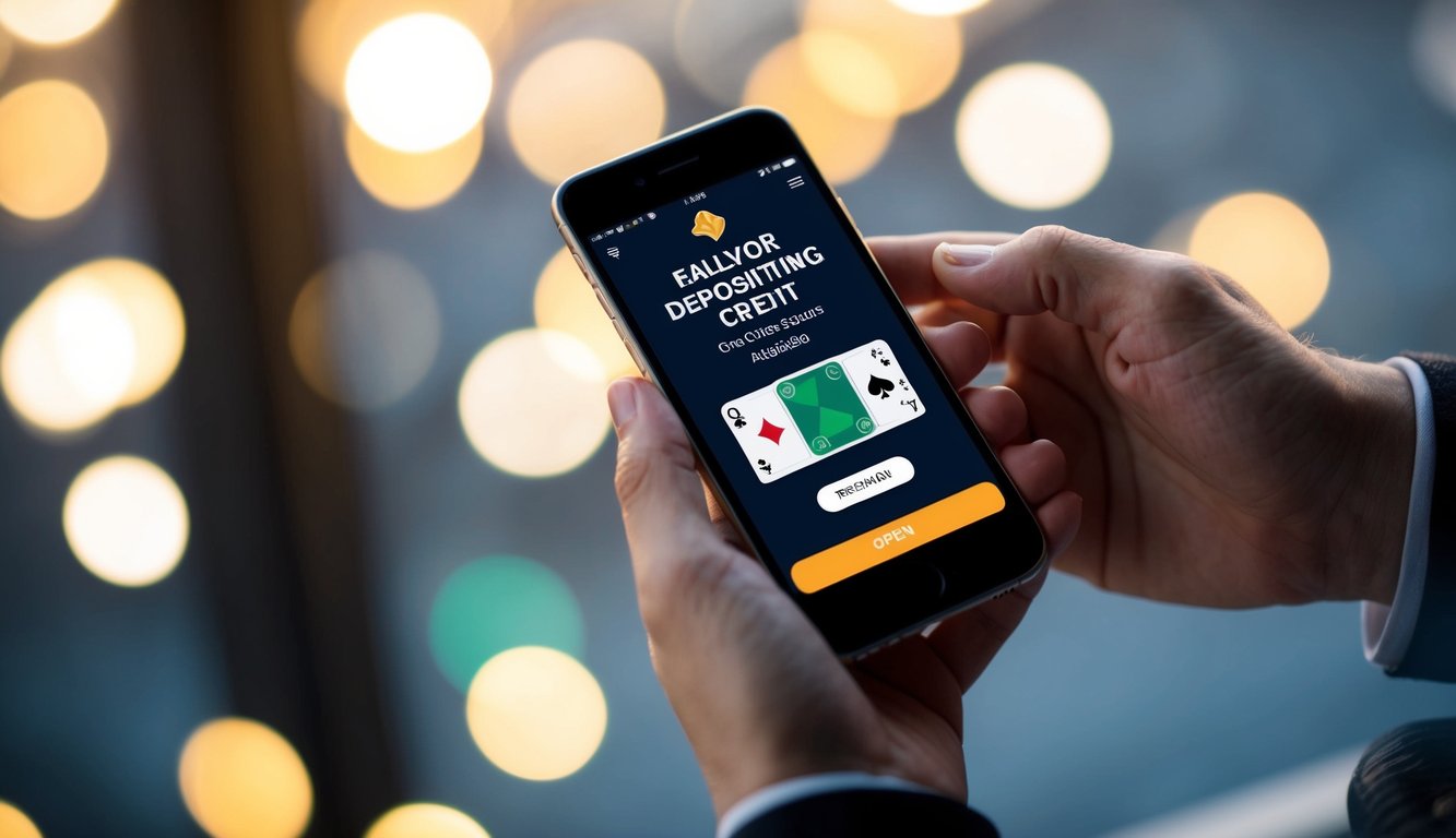 Sebuah smartphone dengan aplikasi poker terbuka dan sebuah tangan memegang ponsel yang melakukan deposit kredit