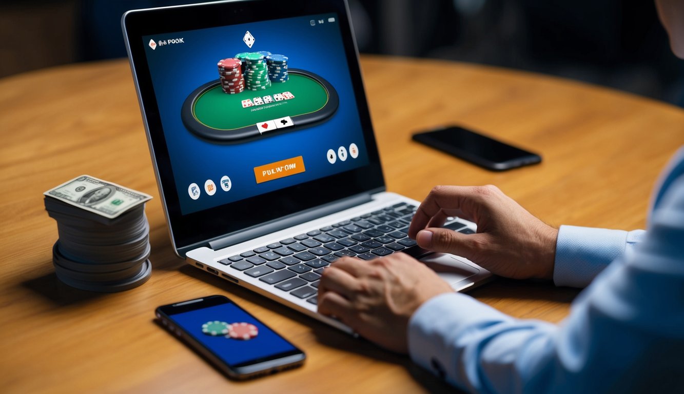 Sebuah perangkat digital yang menampilkan permainan poker online dengan ponsel di dekatnya untuk melakukan deposit menggunakan kredit pulsa