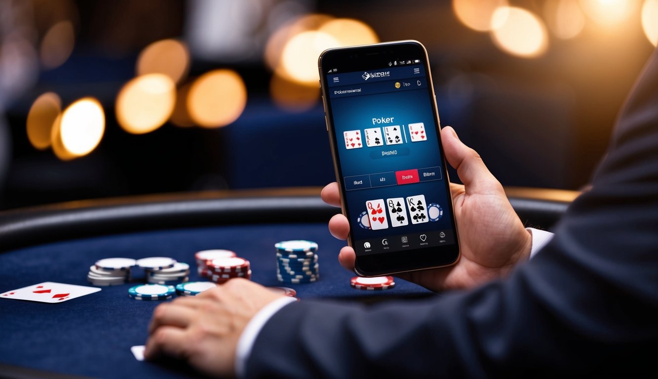 Sebuah smartphone menampilkan permainan poker online, dengan chip dan kartu di atas meja