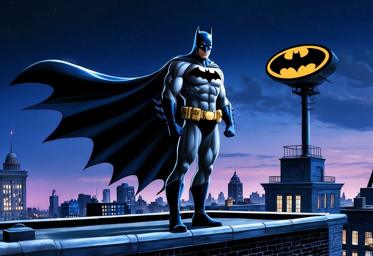 Batman stands on a Gotham rooftop, cape billowing in the wind, with the bat signal shining in the night sky