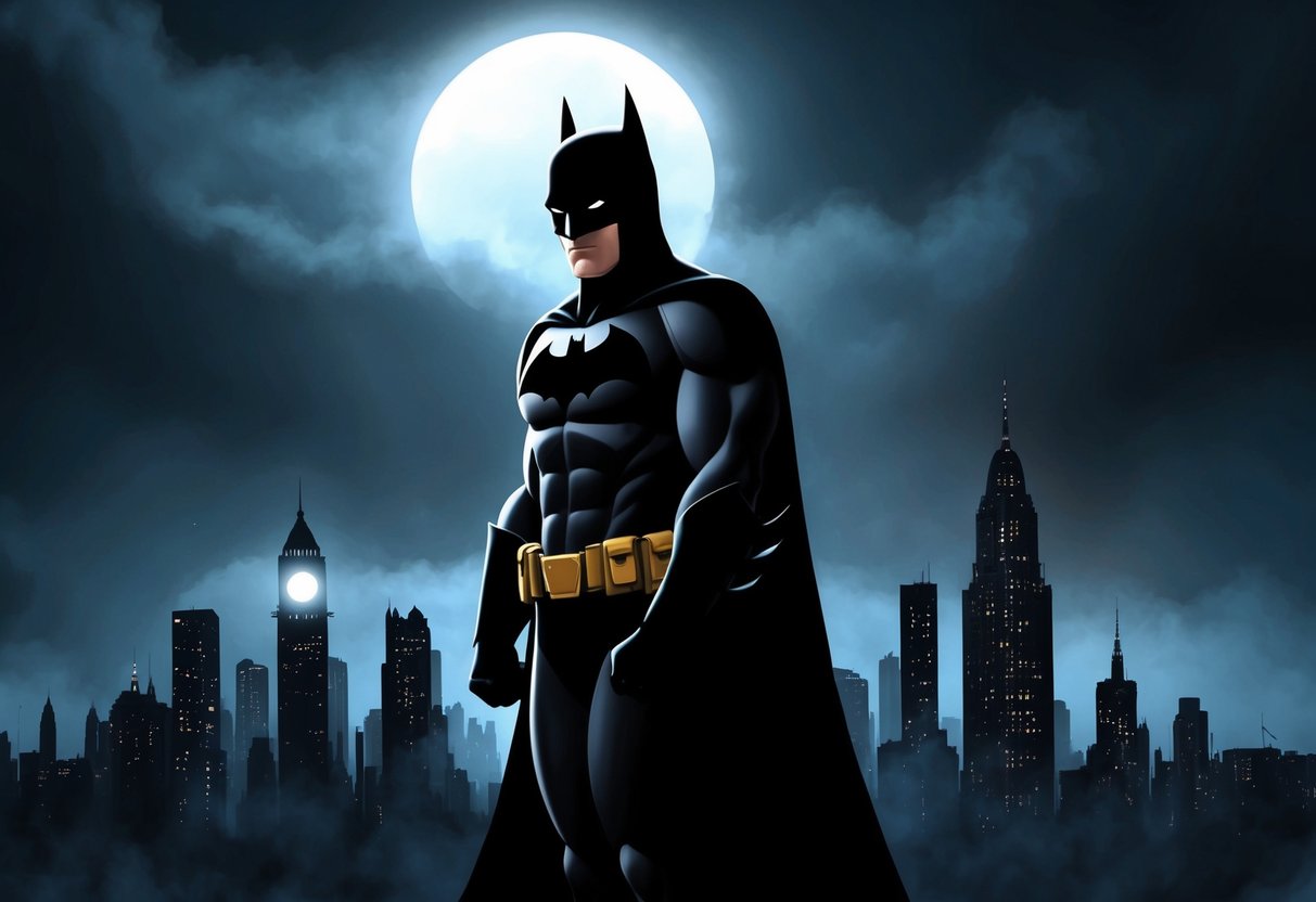 Batman's iconic silhouette against a dark, moody Gotham City skyline, with the Bat-Signal shining in the night sky