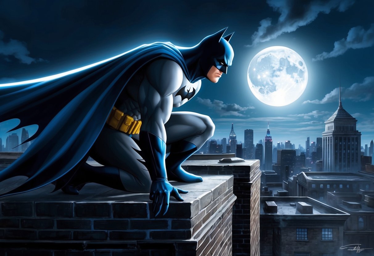 Batman crouches on a Gotham rooftop, cape billowing in the wind, as he surveys the city below. The moon casts dramatic shadows, adding to the intense atmosphere