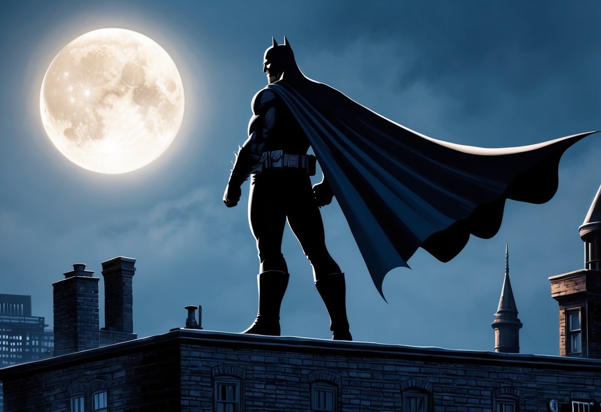 A brooding figure stands on a Gotham rooftop, silhouetted against the moon, cape billowing in the wind