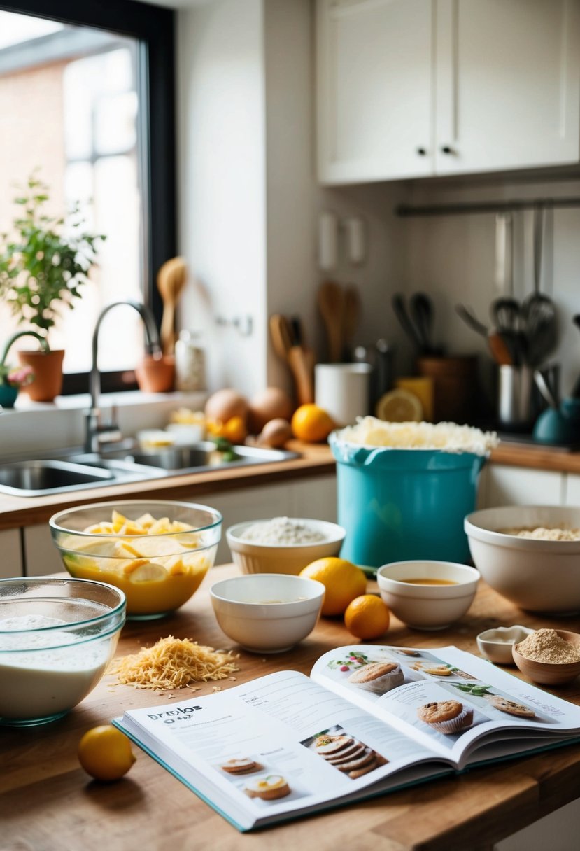 A cluttered kitchen counter with scattered ingredients, mixing bowls, and a recipe book open to a page on cake recipes