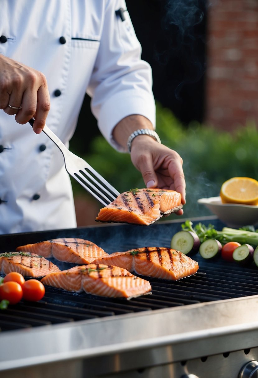 A chef grilling salmon fillets with a side of vegetables on a sizzling hot grill