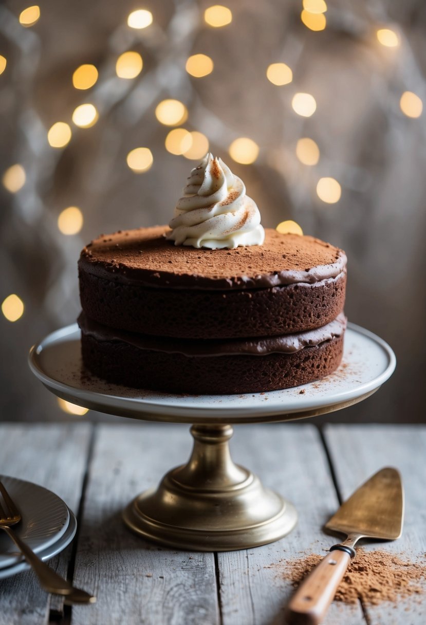 A classic chocolate cake sits on a vintage cake stand, adorned with a dusting of cocoa powder and a dollop of whipped cream