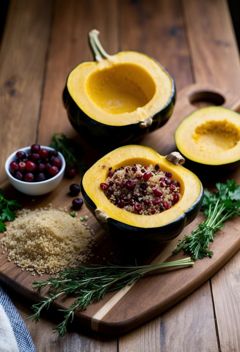 An array of ingredients, including quinoa, cranberries, and herbs, surround a halved acorn squash on a wooden cutting board