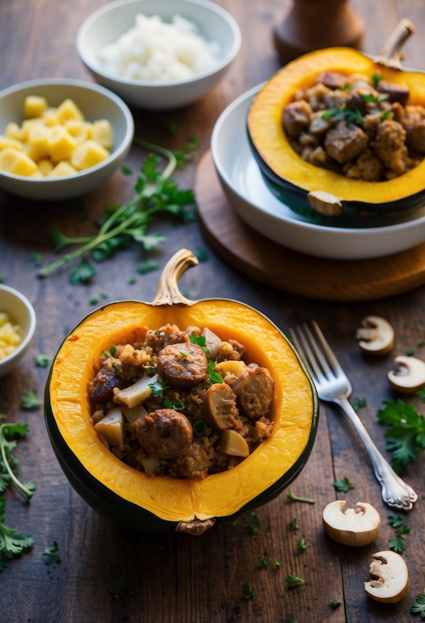 A rustic kitchen table with a halved acorn squash filled with classic sausage and mushroom stuffing, surrounded by scattered ingredients