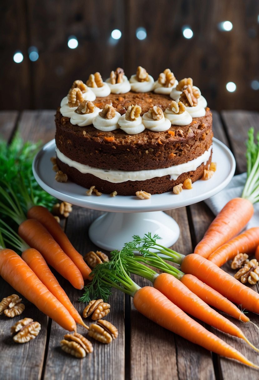 A moist carrot cake sits on a rustic wooden table, surrounded by fresh carrots, walnuts, and a dollop of creamy frosting