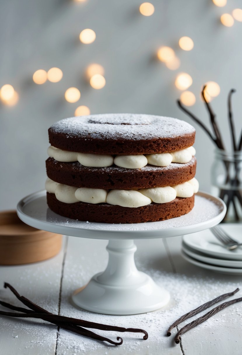 A vanilla bean layer cake sits on a white cake stand, surrounded by fresh vanilla beans and a dusting of powdered sugar