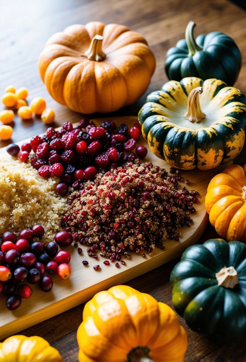 A colorful array of quinoa, cranberries, and acorn squash arranged on a wooden cutting board