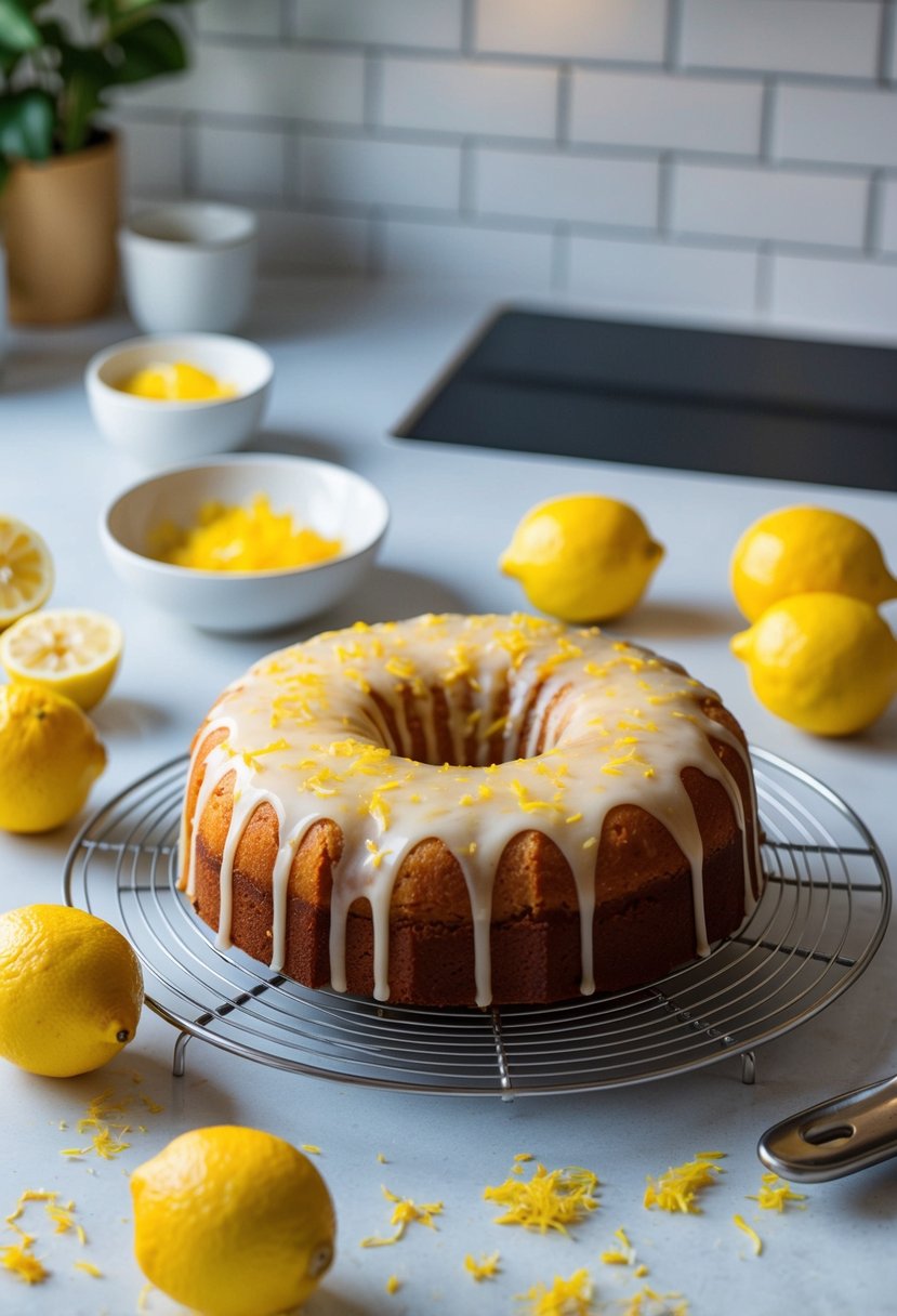 A vibrant kitchen scene with a freshly baked Lemon Drizzle Cake cooling on a wire rack, surrounded by scattered lemon zest and a few whole lemons