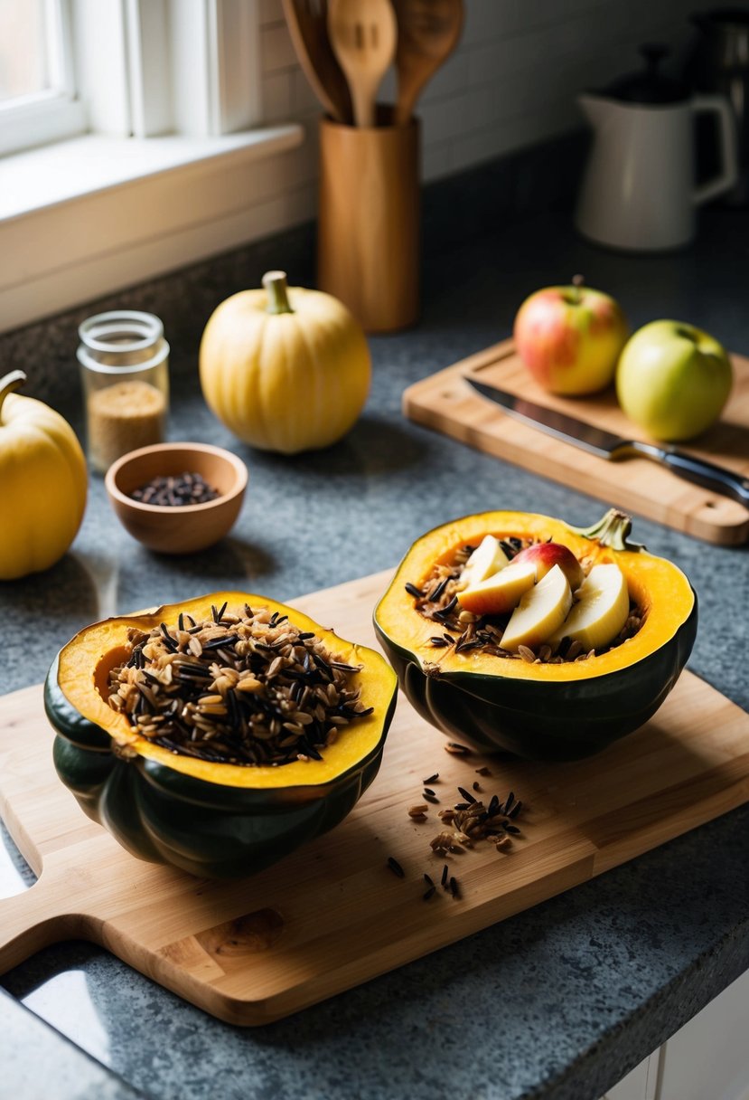 A rustic kitchen counter with ingredients, a cutting board, and a halved acorn squash being filled with a mixture of wild rice and apples