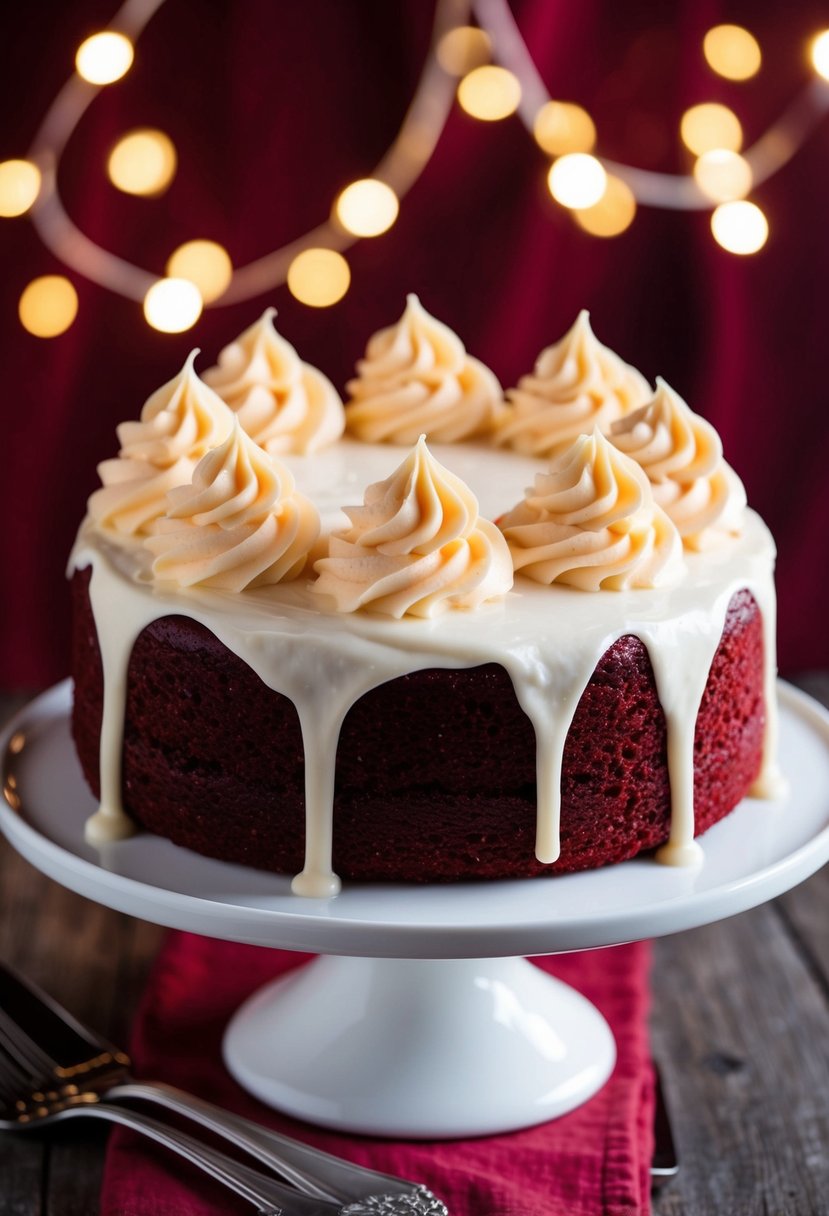 A luscious red velvet cake sits on a white cake stand, topped with creamy swirls of tangy cream cheese frosting