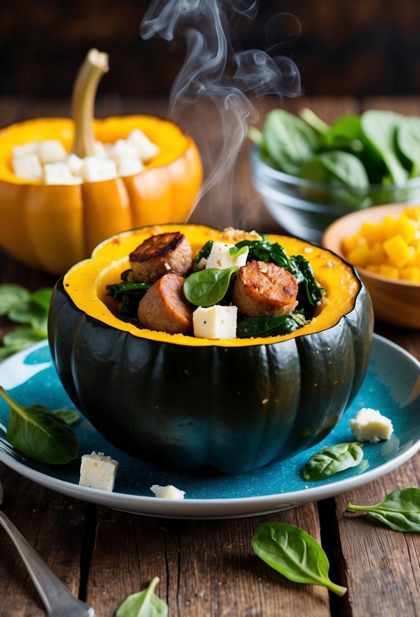 A steaming acorn squash filled with sausage, spinach, and feta, surrounded by colorful ingredients on a rustic wooden table