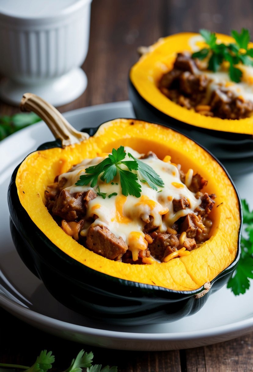 A halved acorn squash filled with cheesy beef and rice, topped with melted cheese and fresh herbs