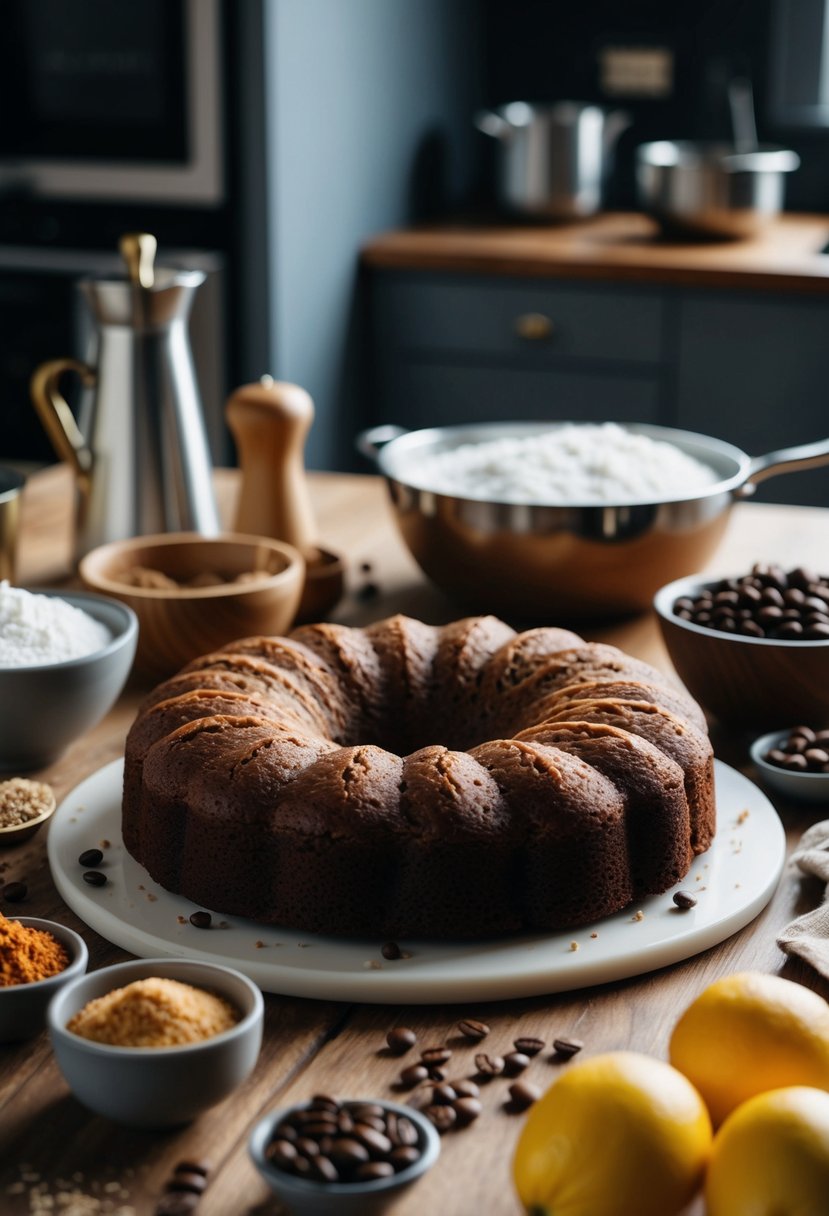 A table set with a freshly baked rich coffee cake, surrounded by ingredients and kitchen utensils