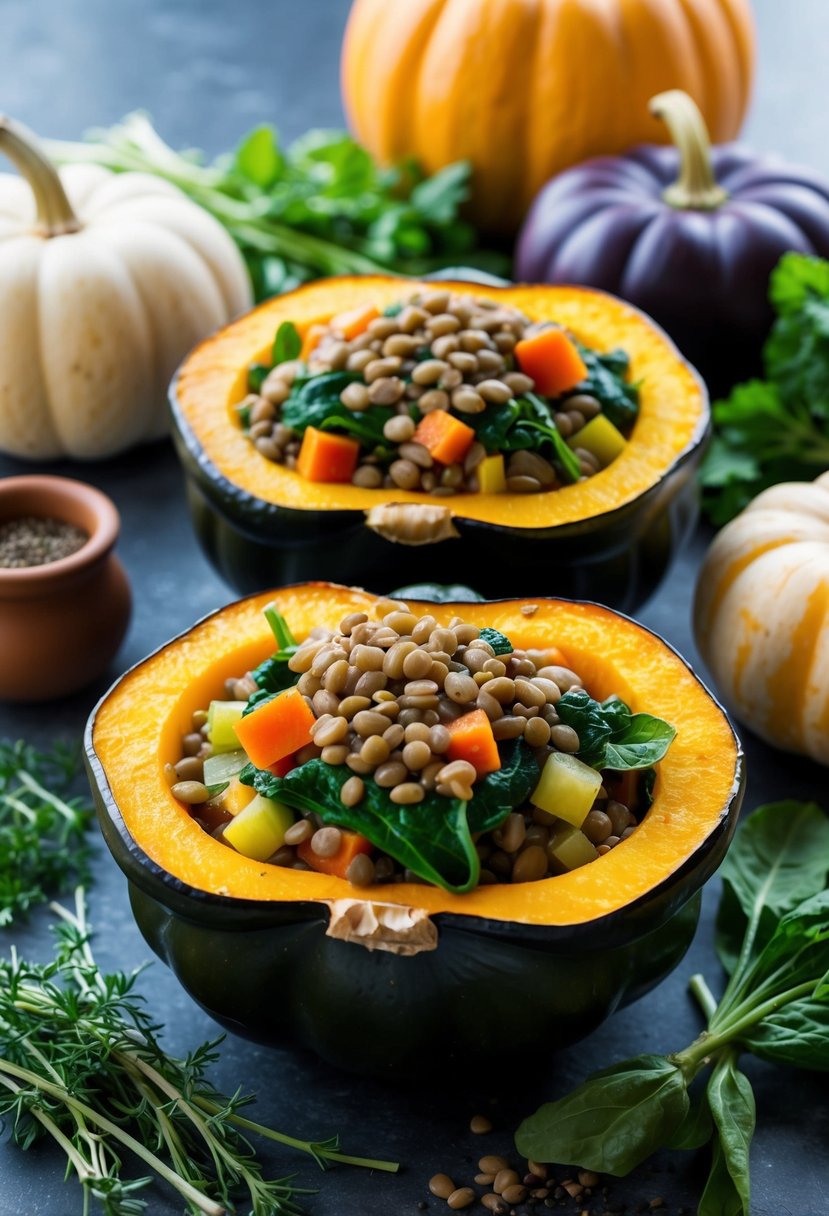 A colorful acorn squash filled with lentils, spinach, and other vibrant vegetables, surrounded by fresh herbs and spices