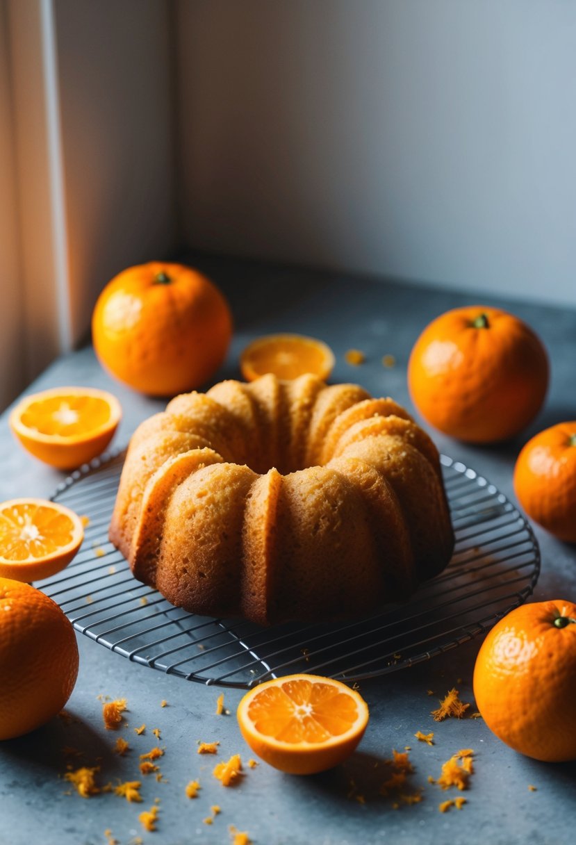 A zesty orange bundt cake cooling on a wire rack, surrounded by fresh oranges and a scattering of orange zest