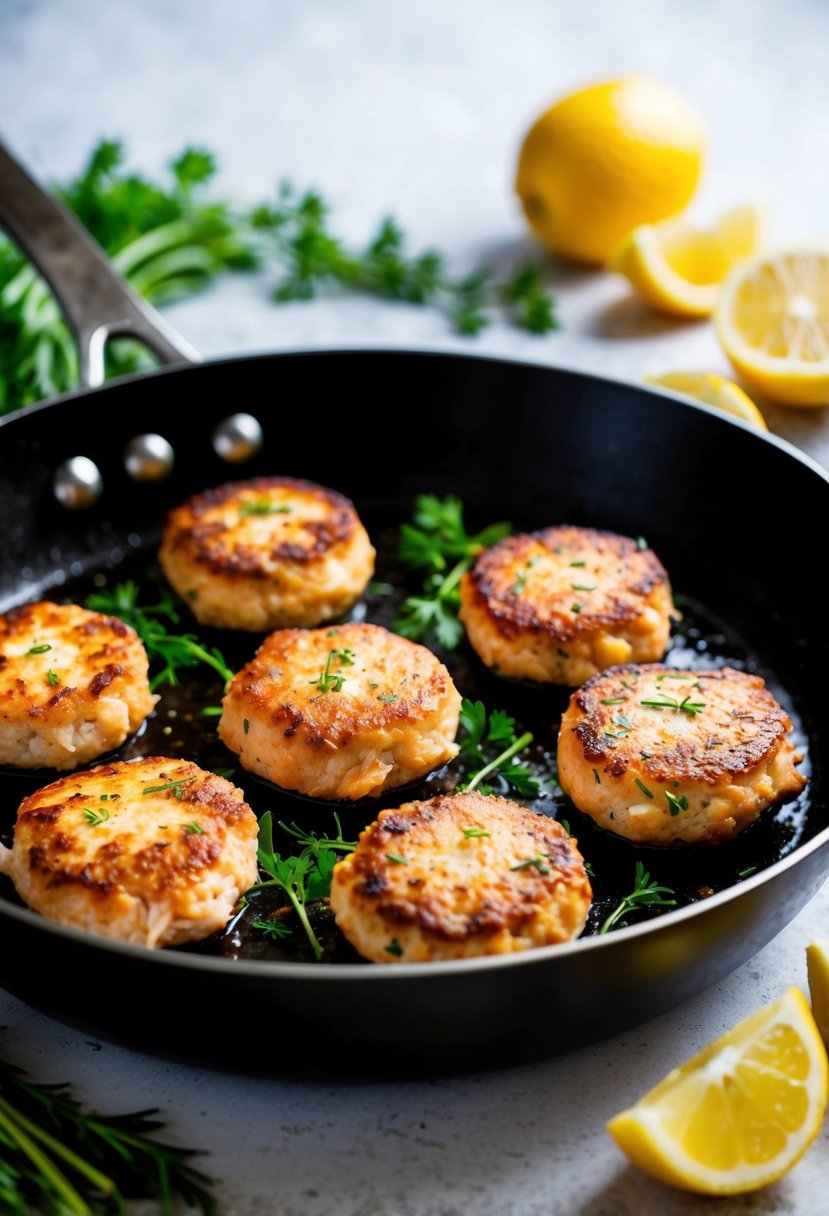 A sizzling skillet with golden-brown salmon patties, surrounded by fresh herbs and lemon wedges