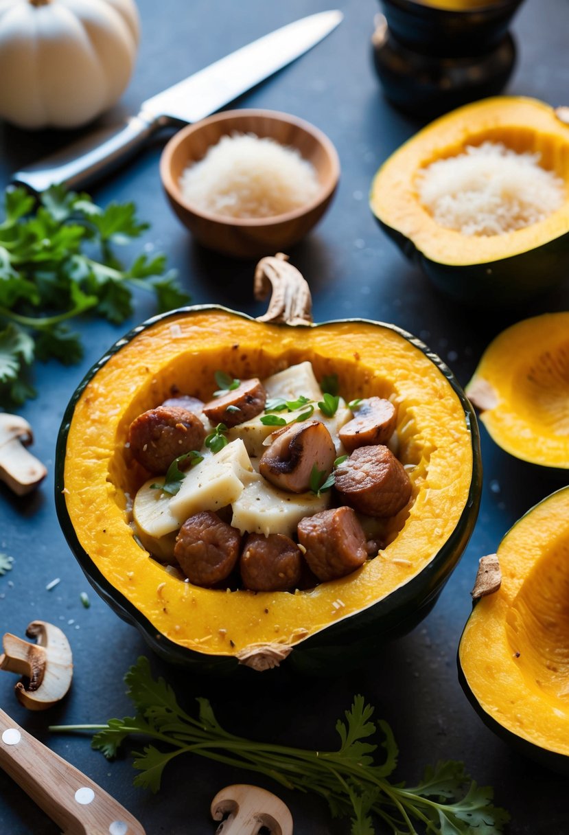 A halved acorn squash filled with sausage, Parmesan, and mushrooms, surrounded by fresh ingredients and cooking utensils