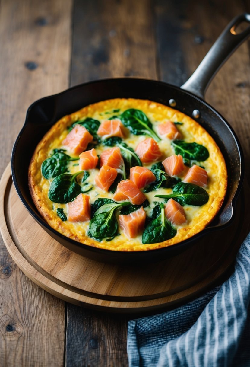 A sizzling skillet holds a golden-brown frittata filled with chunks of smoked salmon, vibrant green spinach, and rich, melted cheese