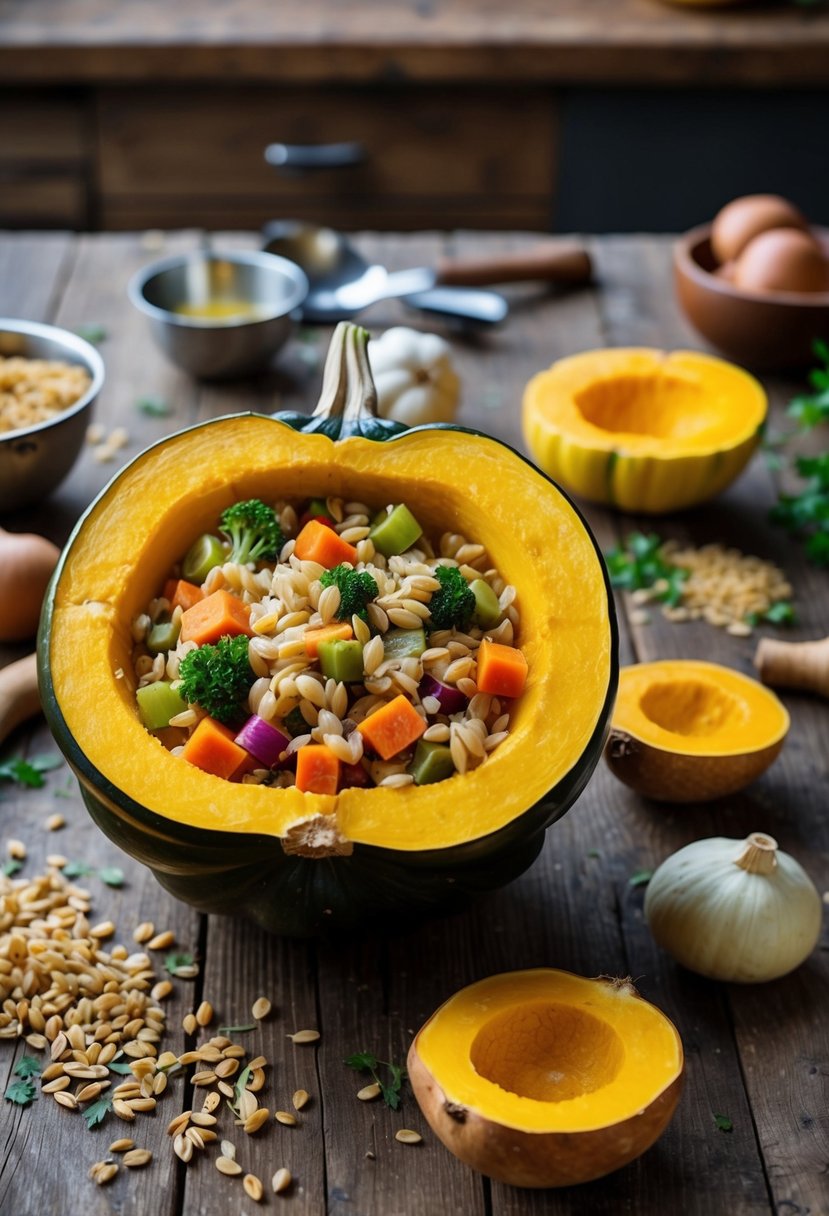 A rustic wooden table with a halved acorn squash filled with a colorful medley of barley and root vegetables, surrounded by scattered ingredients and kitchen utensils