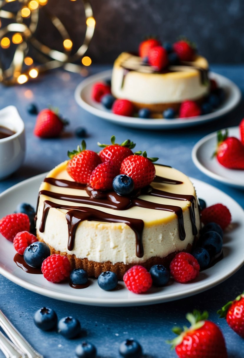 A decadent cheesecake surrounded by fresh berries and drizzled with rich chocolate sauce