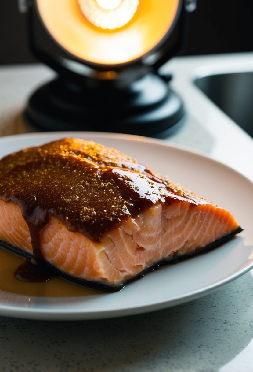 A piece of salmon coated in a glossy brown sugar glaze, glistening under the warm glow of a kitchen spotlight