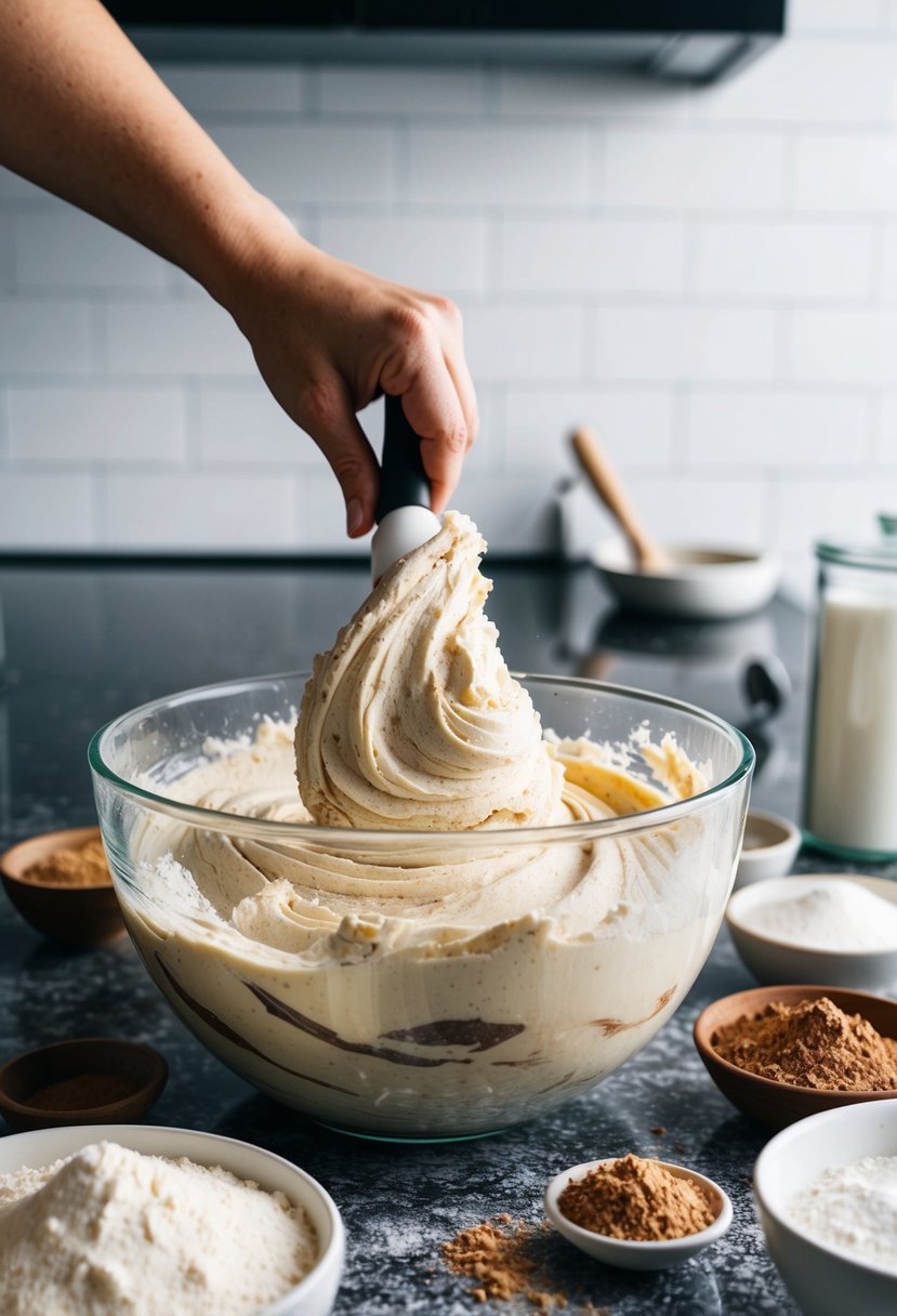 A marble cake batter being swirled in a mixing bowl, surrounded by ingredients like flour, sugar, and cocoa powder on a countertop