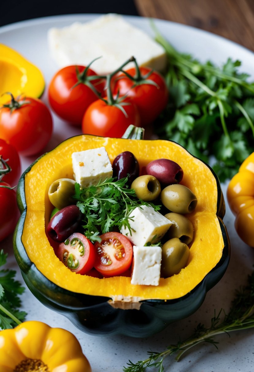 A colorful array of fresh Mediterranean ingredients spilling out of a halved acorn squash, including tomatoes, olives, feta cheese, and fresh herbs