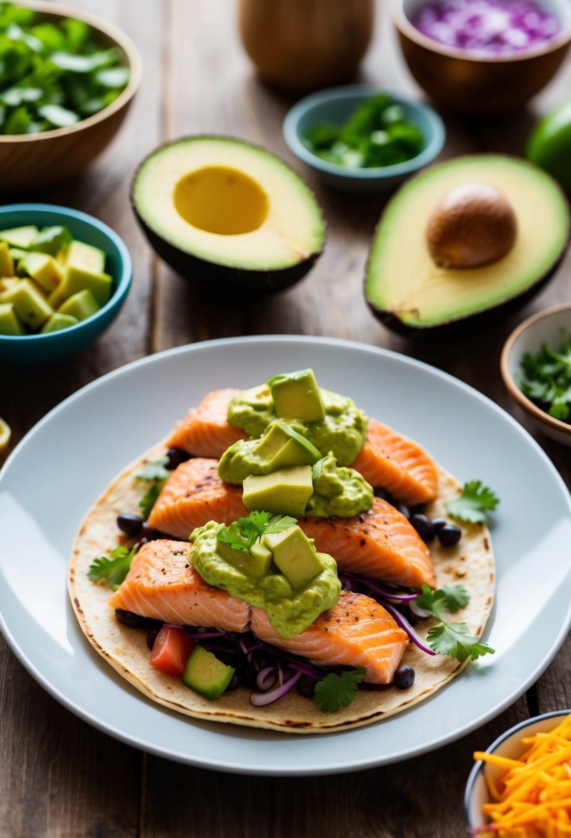 A plate of salmon tacos topped with vibrant avocado salsa sits on a wooden table, surrounded by colorful ingredients and garnishes