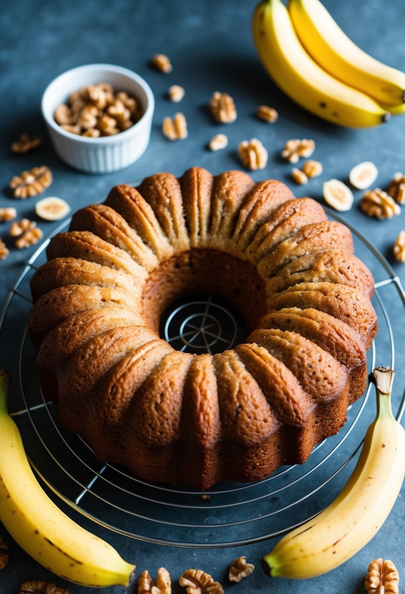 A freshly baked banana walnut cake cooling on a wire rack, surrounded by scattered walnuts and ripe bananas