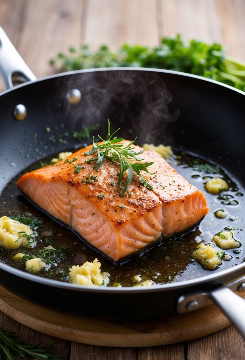 A sizzling salmon fillet searing in a hot pan, surrounded by bubbling garlic butter and fresh herbs