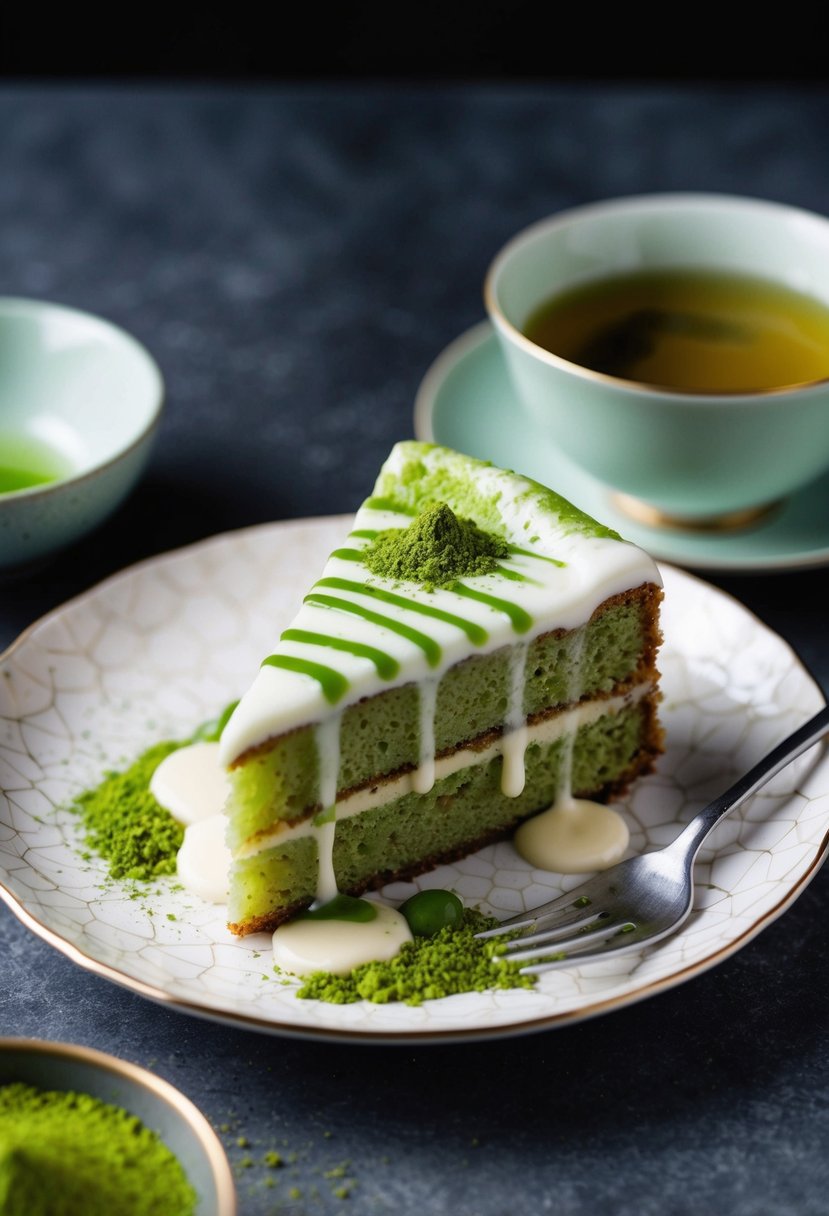 A slice of matcha green tea cake on a delicate plate with a drizzle of icing and a sprinkle of matcha powder. A cup of green tea sits beside it