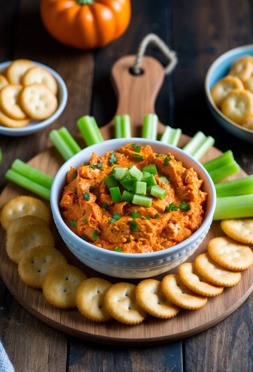 A bowl of spicy buffalo salmon dip surrounded by crackers and celery sticks on a wooden serving board